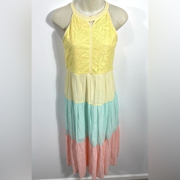 Amy Byer Girls Halter Neck Mixed Media Colorblock Maxi With Belt - Size 14 - Picture 2 of 11